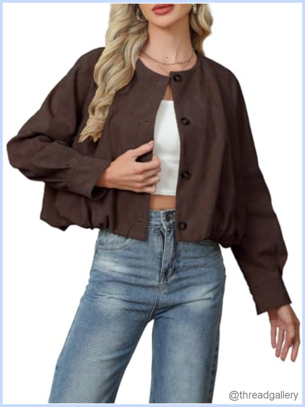 Cropped Faux Suede Jacket Collarless Short Bomber Button Up Fall Coat
